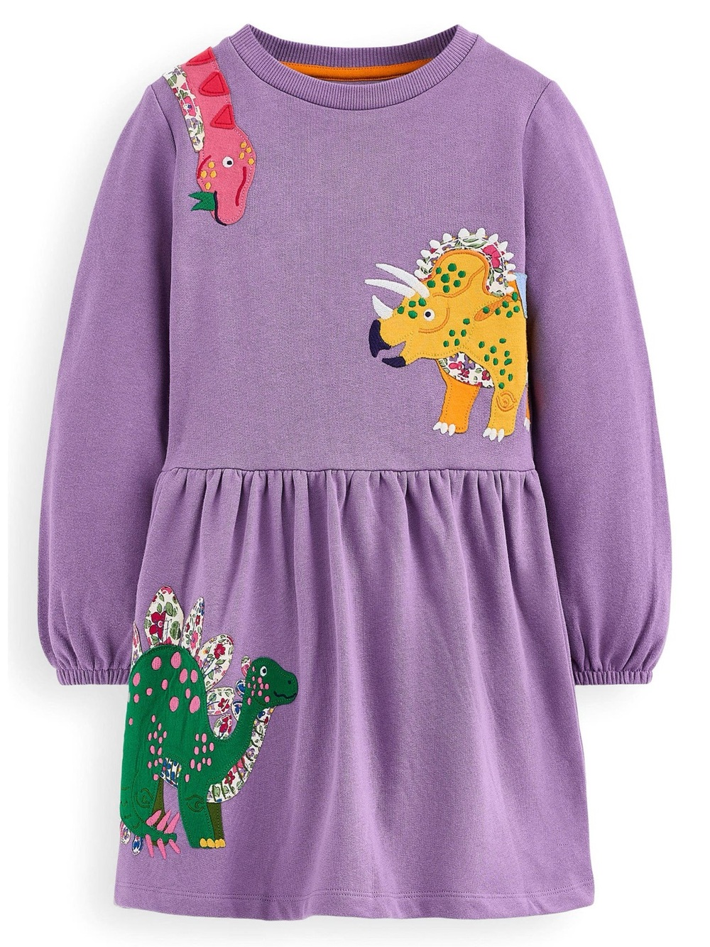 Mini Boden Kids' Dinosaur Appliqué Long Sleeve Cotton Sweatshirt Dress Size 6-7y